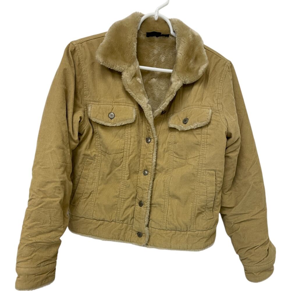 Hurley Jacket Womens Corduroy Fur Trim Lining Beige Button Up Collared Vintage